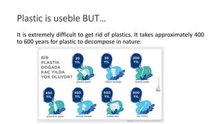Plastic is useble BUT…
It is extremely difficult to get rid of plastics. It takes approximately 400
to 600 years for plastic to decompose in nature.
 