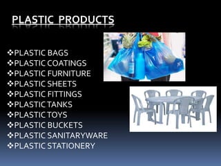 PLASTIC BAGS
PLASTIC COATINGS
PLASTIC FURNITURE
PLASTIC SHEETS
PLASTIC FITTINGS
PLASTICTANKS
PLASTICTOYS
PLASTIC BUCKETS
PLASTIC SANITARYWARE
PLASTIC STATIONERY
PLASTIC PRODUCTS
 