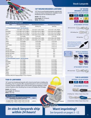 13
1/8" ROUND BRAIDED LANYARD
1/8" (3mm) round braided polyester material with
crimp and choice of attachment. Available in both
breakaway and non-breakaway styles.
Width: 1/8" (3mm)
Cut Length: 36" (914mm)
MOQ: 100 Pieces
1/8" Round Braided Lanyard
Color End Attachment & Item # End Attachment & Item # End Attachment & Item #
Swivel Hook Bulldog Clip Split Ring
 1/8" Round Braided Lanyard - Non-Breakaway
Black 2135-3001 or NL-7S-BLK 2135-3251 or NL-7C-BLK 2135-3101 or NL-7R-BLK
Royal Blue 2135-3002 or NL-7S-RBLU 2135-3252 or NL-7C-RBLU 2135-3102 or NL-7R-RBLU
Navy Blue 2135-3003 or NL-7S-NBLU 2135-3253 or NL-7C-NBLU 2135-3103 or NL-7R-NBLU
Green 2135-3004 or NL-7S-GRN 2135-3254 or NL-7C-GRN 2135-3104 or NL-7R-GRN
Orange 2135-3005 2135-3255 2135-3105
Red 2135-3006 or NL-7S-RED 2135-3256 or NL-7C-RED 2135-3106 or NL-7R-RED
White 2135-3008 or NL-7S-WHT 2135-3258 or NL-7C-WHT 2135-3108 and NL-7R-WHT
Yellow 2135-3009 2135-3259 2135-3109
Purple 2135-3013 2135-3263 2135-3113
Forest Green 2135-3014 2135-3264 2135-3114
Teal 2135-3016 2135-3266 2135-3116
Maroon 2135-3017 2135-3267 2135-3117
Metallic Black 2135-3021 N/A N/A
Metallic Royal Blue 2135-3022 N/A N/A
Metallic Navy Blue 2135-3023 N/A N/A
Metallic Red 2135-3026 N/A N/A
Metallic Purple 2135-3029 N/A N/A
1/8" Round Braided Lanyard - with Breakaway
Black 2137-2001 2137-2011 2137-2021
Royal Blue 2137-2002 2137-2012 2137-2022
Navy Blue 2137-2003 2137-2013 2137-2023
Green 2137-2004 2137-2014 2137-2024
Orange 2137-2005 2137-2015 2137-2025
Red 2137-2006 2137-2016 2137-2026
Maroon 2137-2007 2137-2017 2137-2027
White 2137-2008 2137-2018 2137-2028
Yellow 2137-2009 2137-2019 2137-2029
Purple 2137-2010 2137-2020 2137-2030
Available SAME DAY! Shipping Weight: 2 lb. per 100 pieces
MATERIAL COLOR OPTIONS
25 Swivel Hook- 10 Black, 5 Royal, 5 Navy, 5 Red
TUB-O-LANYARDS
1/8" round non-breakaway lanyards with crimp & swivel hook or bulldog clip
end-fitting. Tub-O-Lanyards offers standard lanyards in a fun and convenient
container. Receive multiple colors of the product giving employees a wider
variety of options when deciding how to wear and display their ID badge.
Width: 1/8" (3mm)
Cut Length: 36" (914mm)
MOQ: One Tub
Tub-O-Lanyards
Each Tub Contains 50 Lanyards in the following
End Fittings, Quantities and Colors
Item #
25 Swivel Hooks: 10 Black, 5 Royal, 5 Navy, and 5 Red
25 Bulldog Clips: 10 Black, 5 Royal, 5 Navy, and 5 Red
LANS50
TUB-O-LANYARDS
BLK
NBLU
PMS 289
RED
PMS 200
RBLU
PMS 294
25 Bulldog Clip - 10 Black, 5 Royal, 5 Navy, 5 Red
ATTACHMENT OPTIONS
1/8" ROUND
BRAIDED LANYARD
SOLID MATERIAL COLOR OPTIONS
METALLIC MATERIAL
COLOR OPTIONS
ATTACHMENT OPTIONS
ATTACHMENT OPTIONS
Safety Breakaway Available
White, orange and yellow lanyards
come with white breakways.
All others are black.
ORG
PMS 151
YLW
PMS 115
BLK
WHT
NBLU
PMS 289
RED
PMS 200
GRN
PMS 348
RBLU
PMS 294
MAR
PMS 195
PUR
PMS 268
FGRN
PMS 5535
METALLIC
PURP (9)
METALLIC
RED (6)
METALLIC
BLK (1)
METALLIC
RBLU (2)
METALLIC
NBLU (3)
Stock Lanyards
NEW color
options
available!
NPS Bulldog Clip
NPS Swivel Hook
NPS Swivel Hook
NPS Split Ring
In-stock lanyards ship
within 24 hours!
2135-30_ _
LANS50
Want imprinting?
Seelanyardsonpages5-12.
 