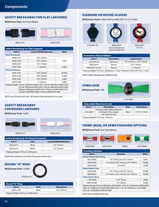 Components
28
SAFETY BREAKAWAY
FOR ROUND LANYARDS
MOQ/Inner Pack: 5,000
6920-2191
SAFETY BREAKAWAY FOR FLAT LANYARDS
MOQ/Inner Pack: 	See Chart Below	
Safety Breakaway for Flat Lanyards
Item # Lanyard Width/Diameter MOQ
Black Breakaway
6920-2191 3/8" (10mm)
1,0006920-2193 5/8" (16mm)
6920-2207 3/4" (19mm)
6920-2209 1" (25mm) 3,000
White Breakaway
6920-2192 3/8" (10mm) 20,000
6920-2194 5/8" (16mm) 15,000
6920-2206 3/4" (19mm) 5,000
6920-2208 1" (25mm) 3,000
Shipping Weight: 2 lb. per 1000 Pieces (6920-2191) / 3 lb. per 1000 pieces (6920-2193)
	 5 lb. per 1000 pieces (6920-2207) / 6 lb. per 3000 pieces (6920-2209)
	 40 lb. per 20,000 pieces (6920-2191) / 45 lb. per 15,000 (6920-2194)
	 25 lb. per 5,000 (6920-2206) / 24 lb. per 3000 (6920-2208)
Safety Breakaway For Round Lanyards
Item # Color Lanyard Width/Diameter
6920-2215 Black 1/4" (16mm)
6920-2216 White 1/4" (16mm)
Shipping Weight: 20 lb. per 5,000 pieces
CRIMP, BEAD, OR SEWN FINISHING OPTIONS
MOQ/Inner Pack: See Chart Below
Finishing Options
Item # Diameter MOQ
Nickel-Plated Steel Crimp
6920-6002 1/8" (3mm) and 3/8" (10mm) 3,000
6920-6020 1/4" (6mm), 5/8" (16mm), 3/4" (19mm) 10,000
6920-6004 1" (25mm) 10,000
Black Oxide Crimp
6920-6003 1/8" (3mm) and 3/8" (10mm) 25,000
6920-6021 1/4" (6mm), 5/8" (16mm), 3/4" (19mm) 10,000
Silver Plastic Bead
2135-4000 3/16" (5mm) 2,000
6905-M-588 5/6" (8mm) 10,000
Shipping Weight: 6 lb. per 3,000 pieces (6920-6002) / 50 lb. per 25,000 pieces (6920-6003)
30 lb. per 10,000 pieces (6920-6020, 6004, 6021) / 2 lb. per 2,000 pieces (2135-4000)
20 lb. per 10,000 pieces (6905-M-588)
2135-4001
Adjustable Neck Cord Lock
Item # Description Color Dimensions
2135-4001
Spring-Loaded Sliding Adjuster
for Round / Flat Lanyard
(3/8" material only)
Black 7/10" (17.5mm)
Shipping Weight: 0.6 lb. per 100 pieces
CORD LOCK
MOQ/Inner Pack: 100
DIAMOND OR ROUND SLIDERS
MOQ/Inner Pack: 5,000 (100 for 6920-2477 or LS-3 only)
2135-4011N
NOTE: Sliders Available for OptiBraid Only
Diamond or Round Sliders
Item # Description Imprint Area
2135-4011N Diamond 7/8" (22mm) x 3/4" (19mm)
6920-2476 Round 3/4" (19mm)
6920-2477 or LS-3 Round 1" (25mm)
Shipping Weight: 45 lb. per 5,000 pieces / 1 lb per 100 pieces (6920-2477 or LS-3 only)
6920-2150
Round“O”Ring
Item # Color Dimensions
6920-2150 Black 3/4" (19mm)
Shipping Weight: 50 lb. per 10,000 pieces
ROUND “O” RING
MOQ/Inner Pack: 10,000
6920-2192
6920-6002
NOTE: Every 200 pieces will make 100 lanyards. Sold individually, not as a pair.
6920-2215
NOTE: Every 200 pieces will make 200 lanyards. Sold in pairs.
Shown with Optional
Custom Printed Label
6920-2476 6920-2477
or LS-3
SEWN 2135-40006920-6021
NOTE: Sewn available for all sizes.
6920-2216
 