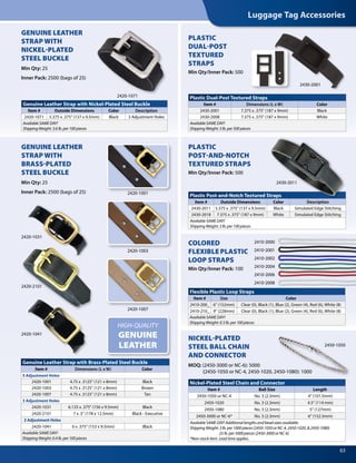 Luggage Tag Accessories
63
2450-1050
Genuine Leather Strap with Nickel-Plated Steel Buckle
Item # Outside Dimensions Color Description
2420-1071 5.375 x .375 (137 x 9.5mm) Black 3 Adjustment Holes
Available SAME DAY!
Shipping Weight: 3.6 lb. per 100 pieces
Nickel-Plated Steel Chain and Connector
Item # Ball Size Length
2450-1050 or NC-4 No. 3 (2.3mm) 4 (101.5mm)
2450-1020 No. 3 (2.3mm) 4.5 (114 mm)
2450-1080 No. 3 (2.3mm) 5 (127mm)
2450-3000 or NC-6* No. 3 (2.3mm) 6 (152.5mm)
Available SAME DAY! Additional lengths and bead sizes available.
Shipping Weight: 3 lb. per 1000 pieces (2450-1050 or NC-4, 2450-1020,  2450-1080)
25 lb. per 5000 pieces (2450-3000 or NC-6)
*Non-stock item. Lead time applies.
Plastic Post-and-Notch Textured Straps
Item # Outside Dimensions Color Description
2430-2011 5.375 x .375 (137 x 9.5mm) Black Simulated Edge Stitching
2430-2018 7.375 x .375 (187 x 9mm) White Simulated Edge Stitching
Available SAME DAY!
Shipping Weight: 3 lb. per 100 pieces
Plastic Dual-Post Textured Straps
Item # Dimensions (L x W) Color
2430-2001 7.375 x .375 (187 x 9mm) Black
2430-2008 7.375 x .375 (187 x 9mm) White
Available SAME DAY!
Shipping Weight: 3 lb. per 500 pieces
HIGH-QUALITY
GENUINE
LEATHER
GENUINE LEATHER
STRAP WITH
NICKEL-PLATED
STEEL BUCKLE
Min Qty: 25
Inner Pack: 2500 (bags of 25)
PLASTIC
POST-AND-NOTCH
TEXTURED STRAPS
Min Qty/Inner Pack: 500
COLORED
FLEXIBLE PLASTIC
LOOP STRAPS
Min Qty/Inner Pack: 100
GENUINE LEATHER
STRAP WITH
BRASS-PLATED
STEEL BUCKLE
Min Qty: 25
Inner Pack: 2500 (bags of 25)
PLASTIC
DUAL-POST
TEXTURED
STRAPS
Min Qty/Inner Pack: 500
2420-1071
Genuine Leather Strap with Brass-Plated Steel Buckle
Item # Dimensions (L x W) Color
5 Adjustment Holes
2420-1001 4.75 x .3125 (121 x 8mm) Black
2420-1003 4.75 x .3125 (121 x 8mm) Brown
2420-1007 4.75 x .3125 (121 x 8mm) Tan
3 Adjustment Holes
2420-1031 6.125 x .375 (156 x 9.5mm) Black
2420-2101 7 x .5 (178 x 12.5mm) Black - Executive
2 Adjustment Holes
2420-1041 6 x .375 (153 x 9.5mm) Black
Available SAME DAY!
Shipping Weight: 0.4 lb. per 100 pieces
Flexible Plastic Loop Straps
Item # Size Color
2410-200_ 6 (152mm) Clear (0), Black (1), Blue (2), Green (4), Red (6), White (8)
2410-210_ 9 (228mm) Clear (0), Black (1), Blue (2), Green (4), Red (6), White (8)
Available SAME DAY!
Shipping Weight: 0.5 lb. per 100 pieces
2430-2001
NICKEL-PLATED
STEEL BALL CHAIN
AND CONNECTOR
MOQ: (2450-3000 or NC-6): 5000
	 (2450-1050 or NC-4, 2450-1020, 2450-1080): 1000
		
2420-2101
2420-1041
2420-1031
2420-1001
2420-1003
2420-1007
2430-2011
2410-2000
2410-2001
2410-2002
2410-2004
2410-2006
2410-2008
 