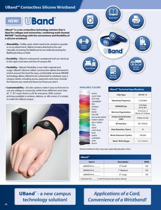 68
UBand™ Contactless Silicone Wristband
UBand™ Technical Specifications
Chip Type: MIFARE 1K
Operating Frequency: 13.56 MHz
EEPROM Size:
1024 Byte
(8192 Bit)
Memory Organization:
16 Sectors, 4
Blocks of 16 Bytes
Unique Serial Number
(UID):
4 Byte (32 bit)
RF Interface: ISA 14443A
Data Retention (Years): 10
Write Endurance (Cycles): 100,000
Read / Write Range: 1.5”/ 3.8 cm
Actual wristband colors may vary, especially day glow colors.
AVAILABLE COLORS
WHITE
CRANBERRY
DAY GLOW GREEN
ORANGE
LIGHT PINK
GRAY
GOLD
LIGHT BLUE
BLUE
HOT PINK
FOREST GREEN
BLACK
YELLOW
GRAPE
TEAL
KELLY GREEN
RED
AQUA
KHAKI
LAVENDER
UBand™ is a new contactless technology solution that is
ideal for colleges and universities, combining multi-faceted
MIFARE™ technology with the convenience and flexibility of
a silicone wristband.
• Wearability - Unlike cards, which need to be carried in a pocket
or on an attachment, UBand remains attached to the user
naturally, increasing the likelihood of use while decreasing the
likelihood of loss or theft.
• Durability - UBand is waterproof, sweatproof and can stand up
to the rigors and wear and tear of campus life.
• Flexibility - UBand’s flexibility is two-fold: material and
usage. UBand’s silicone rubber construction allows the band to
stretch around the hand for easy, comfortable removal. MIFARE
technology allows UBand to be customized to whatever uses a
campus needs, including access, payments and more. Include
the features you need and leave out those you don’t.
• Customizability - 20 color options make it easy to find one to
suit any college or university, while three different wrist sizes
(6, 7, 8) mean there is a fit for everyone. With custom
printing available in emboss, deboss, or silk screen, it's simple
to make the UBand unique.
Book Store
Laundry
Dorm Room
Fitness
Center
Vending
Machines
Printers
Off-Site
Vendors
Access
Control
UBand™
- a new campus
technology solution!
Applications of a Card,
Convenience of a Wristband!
NEW!
UBand™
Item # Description MOQ
UBAND1K-6-_ _ _ _ 6 Small 100
UBAND1K-6-_ _ _ _ 7 Medium 100
UBAND1K-6-_ _ _ _ 8 Large 100
Substitute the _ _ _ _'s with the band color (shown above).
 