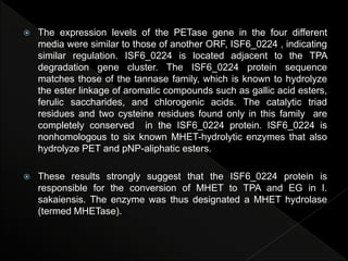  The expression levels of the PETase gene in the four different
media were similar to those of another ORF, ISF6_0224 , indicating
similar regulation. ISF6_0224 is located adjacent to the TPA
degradation gene cluster. The ISF6_0224 protein sequence
matches those of the tannase family, which is known to hydrolyze
the ester linkage of aromatic compounds such as gallic acid esters,
ferulic saccharides, and chlorogenic acids. The catalytic triad
residues and two cysteine residues found only in this family are
completely conserved in the ISF6_0224 protein. ISF6_0224 is
nonhomologous to six known MHET-hydrolytic enzymes that also
hydrolyze PET and pNP-aliphatic esters.
 These results strongly suggest that the ISF6_0224 protein is
responsible for the conversion of MHET to TPA and EG in I.
sakaiensis. The enzyme was thus designated a MHET hydrolase
(termed MHETase).
 