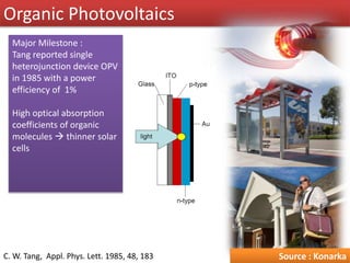 Organic Photovoltaics
Source : KonarkaC. W. Tang, Appl. Phys. Lett. 1985, 48, 183
Major Milestone :
Tang reported single
heterojunction device OPV
in 1985 with a power
efficiency of 1%
High optical absorption
coefficients of organic
molecules  thinner solar
cells
 