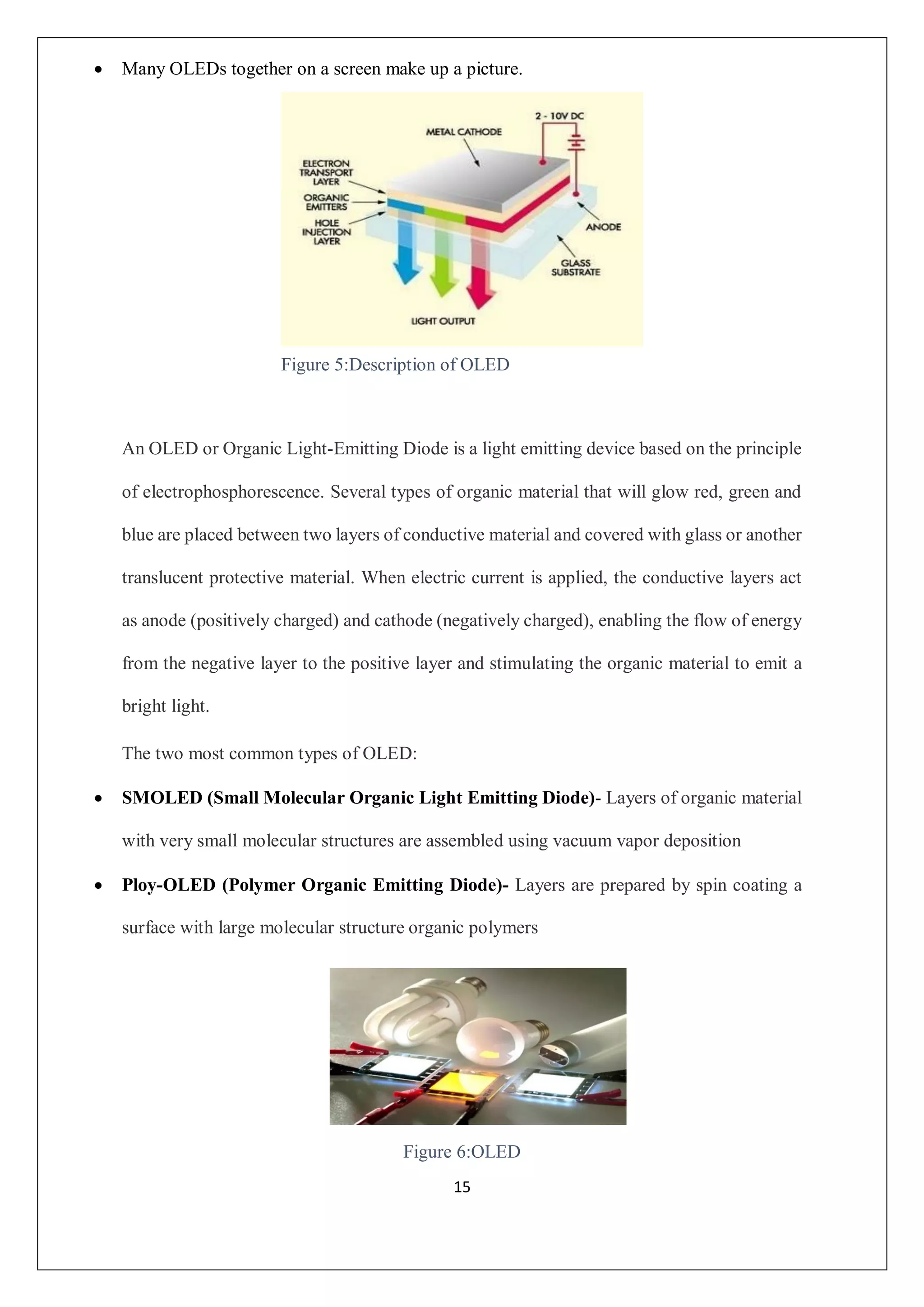 15
 Many OLEDs together on a screen make up a picture.
An OLED or Organic Light-Emitting Diode is a light emitting device based on the principle
of electrophosphorescence. Several types of organic material that will glow red, green and
blue are placed between two layers of conductive material and covered with glass or another
translucent protective material. When electric current is applied, the conductive layers act
as anode (positively charged) and cathode (negatively charged), enabling the flow of energy
from the negative layer to the positive layer and stimulating the organic material to emit a
bright light.
The two most common types of OLED:
 SMOLED (Small Molecular Organic Light Emitting Diode)- Layers of organic material
with very small molecular structures are assembled using vacuum vapor deposition
 Ploy-OLED (Polymer Organic Emitting Diode)- Layers are prepared by spin coating a
surface with large molecular structure organic polymers
Figure 5:Description of OLED
Figure 6:OLED
 