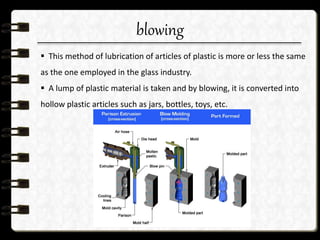 blowing
 This method of lubrication of articles of plastic is more or less the same
as the one employed in the glass industry.
 A lump of plastic material is taken and by blowing, it is converted into
hollow plastic articles such as jars, bottles, toys, etc.
 