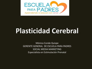 Plasticidad Cerebral
Mónica Conde Quispe
GERENTE GENERAL DE ESCUELA PARA PADRES
SOCIAL MEDIA MARKETING
Especialista en Estimulación Prenatal

 