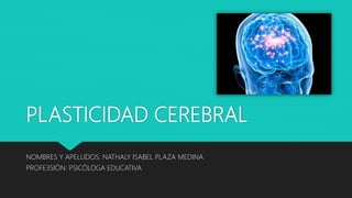 PLASTICIDAD CEREBRAL
NOMBRES Y APELLIDOS: NATHALY ISABEL PLAZA MEDINA
PROFE3SIÓN: PSICÓLOGA EDUCATIVA
 