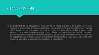 CONCLUSIÓN
 La plasticidad de las estructuradas nerviosas es un hecho evidente y es la base teórica que
respalda la intervención precoz con programas de atención temprana. Es evidente que muchos
niños afectados por patologías neurológicas logran un desarrollo aceptable a pesar de la
existencia de factores de riesgo y mal pronóstico asociados a su patología. En muchas ocasiones,
el daño estructural apreciable en la neuroimagen o los resultados de los tests predictivos iniciales
no necesariamente se relacionan con el resultado y pronóstico final. Existe evidencia acerca de la
influencia que sobre la plasticidad cerebral tiene la estimulación.
 