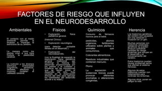 FACTORES DE RIESGO QUE INFLUYEN
EN EL NEURODESARROLLO
Ambientales
El contacto con el medio
ambiente permite la
sinapsis e impactan la
estructura de su cerebro.
La manera como los
padres crían a sus hijos
modula la plasticidad
cerebral.
La nutrición y los diversos
estímulos ambientales
(cognitivos, sensitivos,
verbales, afectivos y
motores) modelan el
cableado cerebral.
Físicos
• Exploración física
pediátrica general.
(historial Clínico)
• Exploración neurológica.
(para detectar probable
retraso en el desarrollo )
• Exploración del
neurodesarrollo.
(con la finalidad de expandir la
exploración física pediátrica
general tradicional par
confirmar la historia del
desarrollo proporcionada por
los padres o el cuidador y
fortalecer así las impresiones
que se tienen sobre el
desarrollo del niño. Ésta
consiste en la observación
directa del niño para ejecutar
las habilidades del desarrollo
acorde a su edad.)
Herencia
Los trastornos genéticos
del cerebro son causados
por una variación o
mutación en un gen.
Muchas personas con
trastornos cerebrales
genéticos no pueden
producir suficiente
cantidad de ciertas
proteínas que influyen en
el desarrollo y el
funcionamiento del
cerebro.
Estos trastornos pueden
causar problemas serios
que afectan el sistema
nervioso.
Algunos de estos
trastornos cuentan con
tratamientos para
controlar los síntomas.
Algunos otros, ponen en
peligro la vida.
Químicos
Consumo de fármacos
nocivos para el bebé.
pesticidas, abonos
orgánicos, fertilizantes
utilizados sobre plantas y
animales que
consumimos.
Colorantes alimenticios.
Residuos industriales que
contienen mercurio.
Plomo
La exposición a
sustancias tóxicas puede
provocar diferentes
anomalías o alteraciones
congénitas.
 