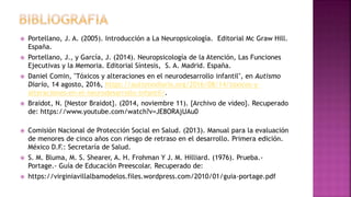  Portellano, J. A. (2005). Introducción a La Neuropsicología. Editorial Mc Graw Hill.
España.
 Portellano, J., y García, J. (2014). Neuropsicología de la Atención, Las Funciones
Ejecutivas y la Memoria. Editorial Síntesis, S. A. Madrid. España.
 Daniel Comin, "Tóxicos y alteraciones en el neurodesarrollo infantil", en Autismo
Diario, 14 agosto, 2016, https://autismodiario.org/2016/08/14/toxicos-y-
alteraciones-en-el-neurodesarrollo-infantil/.
 Braidot, N. {Nestor Braidot}. (2014, noviembre 11). {Archivo de video}. Recuperado
de: https://www.youtube.com/watch?v=JE8ORAjUAu0
 Comisión Nacional de Protección Social en Salud. (2013). Manual para la evaluación
de menores de cinco años con riesgo de retraso en el desarrollo. Primera edición.
México D.F.: Secretaría de Salud.
 S. M. Bluma, M. S. Shearer, A. H. Frohman Y J. M. Hilliard. (1976). Prueba.-
Portage.- Guía de Educación Preescolar. Recuperado de:
 https://virginiavillalbamodelos.files.wordpress.com/2010/01/guia-portage.pdf
 
