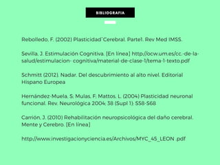 BIBLIOGRAFIA
Rebolledo, F. (2002) Plasticidad¨Cerebral. Parte1. Rev Med IMSS.
Sevilla, J. Estimulación Cognitiva. [En línea] http://ocw.um.es/cc.-de-la-
salud/estimulacion- cognitiva/material-de-clase-1/tema-1-texto.pdf
Schmitt (2012). Nadar. Del descubrimiento al alto nivel. Editorial
Hispano Europea
Hernández-Muela, S; Mulas, F; Mattos, L. (2004) Plasticidad neuronal
funcional. Rev. Neurológica 2004; 38 (Supl 1): S58-S68
Carrión, J. (2010) Rehabilitación neuropsicológica del daño cerebral.
Mente y Cerebro. [En línea]
http://www.investigacionyciencia.es/Archivos/MYC_45_LEON .pdf
 