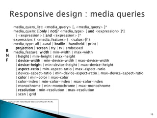 media_query_list: <media_query> [, <media_query> ]*
media_query: [[only | not]? <media_type> [ and <expression> ]*]
| <expression> [ and <expression> ]*
expression: ( <media_feature> [: <value>]? )
media_type: all | aural | braille | handheld | print |
projection | screen | tty | tv | embossed
media_feature: width | min-width | max-width
| height | min-height | max-height
| device-width | min-device-width | max-device-width
| device-height | min-device-height | max-device-height
| aspect-ratio | min-aspect-ratio | max-aspect-ratio
| device-aspect-ratio | min-device-aspect-ratio | max-device-aspect-ratio
| color | min-color | max-color
| color-index | min-color-index | max-color-index
| monochrome | min-monochrome | max-monochrome
| resolution | min-resolution | max-resolution
| scan | grid
B
N
F
16
 