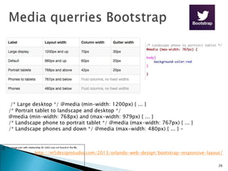 /* Large desktop */ @media (min-width: 1200px) { ... }
/* Portrait tablet to landscape and desktop */
@media (min-width: 768px) and (max-width: 979px) { ... }
/* Landscape phone to portrait tablet */ @media (max-width: 767px) { ... }
/* Landscape phones and down */ @media (max-width: 480px) { ... } -
http://m5designstudio.com/2013/orlando-web-design/bootstrap-responsive-layout/
26
 