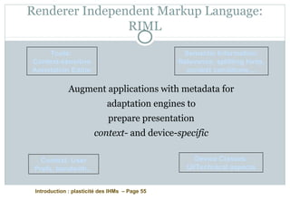 Introduction : plasticité des IHMs – Page 55
Renderer Independent Markup Language:
RIML
Augment applications with metadata for
adaptation engines to
prepare presentation
context- and device-specific
Tools:
Context-sensitive
Annotation Editor
Semantic Information:
Relevance, splitting hints,
context conditions,...
Context: User
Prefs, bandwith,..
Device Classes:
UI/Technical aspects
 