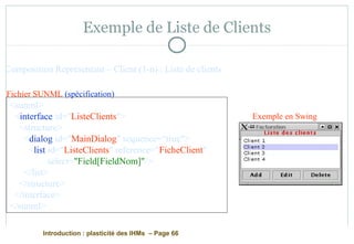 Introduction : plasticité des IHMs – Page 66
Exemple de Liste de Clients
<sunml>
<interface id="ListeClients">
<structure>
<dialog id="MainDialog" sequence="true">
<list id="ListeClients" reference="FicheClient"
select="Field[FieldNom]"/>
</list>
</structure>
</interface>
</sunml>
Fichier SUNML (spécification)
Exemple en Swing
Composition Représentant – Client (1-n) : Liste de clients
 