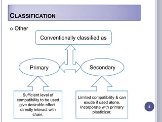 CLASSIFICATION
   Other
                 Conventionally classified as




            Primary                   Secondary



       Sufficient level of
                                Limited compatibility & can
    compatibility to be used
                                   exude if used alone.
     give desirable effect.                                   8
                                 Incorporate with primary
      directly interact with
                                        plasticizer.
              chain.
 