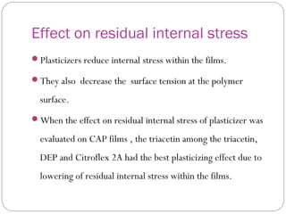 Effect on residual internal stress
Plasticizers reduce internal stress within the films.
They also decrease the surface tension at the polymer
surface.
When the effect on residual internal stress of plasticizer was
evaluated on CAP films , the triacetin among the triacetin,
DEP and Citroflex 2A had the best plasticizing effect due to
lowering of residual internal stress within the films.
 