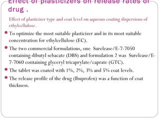 Effect of plasticizers on release rates of
drug .
Effect of plasticizer type and coat level on aqueous coating dispersions of
ethylcellulose.
To optimize the most suitable plasticizer and in its most suitable
concentration for ethylcellulose (EC).
The two commercial formulations, one Surelease/E-7-7050
containing dibutyl sebacate (DBS) and formulation 2 was Surelease/E-
7-7060 containing glyceryl tricaprylate/caprate (GTC).
The tablet was coated with 1%, 2%, 3% and 5% coat levels.
The release profile of the drug (Ibuprofen) was a function of coat
thickness.
 