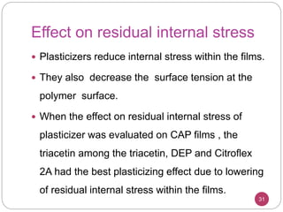 Effect on residual internal stress
31
 Plasticizers reduce internal stress within the films.
 They also decrease the surface tension at the
polymer surface.
 When the effect on residual internal stress of
plasticizer was evaluated on CAP films , the
triacetin among the triacetin, DEP and Citroflex
2A had the best plasticizing effect due to lowering
of residual internal stress within the films.
 