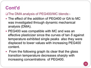 Cont'd
38
The DMA analysis of PEG400/MC blends:-
 The effect of the addition of PEG400 or GA to MC
was investigated through dynamic mechanical
analysis (DMA).
 PEG400 was compatible with MC and was an
effective plasticizer since the curves of tan δ against
temperature exhibited single peaks also they were
displaced to lower values with increasing PEG400
content.
 From the following graph its clear that the glass
transition temperature decreases sharply with
increasing concentrations of PEG400.
 