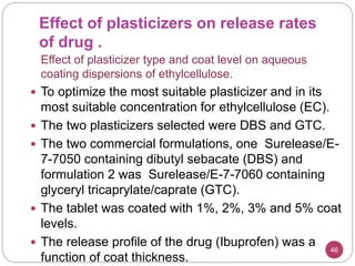 Effect of plasticizers on release rates
of drug .
46
Effect of plasticizer type and coat level on aqueous
coating dispersions of ethylcellulose.
 To optimize the most suitable plasticizer and in its
most suitable concentration for ethylcellulose (EC).
 The two plasticizers selected were DBS and GTC.
 The two commercial formulations, one Surelease/E-
7-7050 containing dibutyl sebacate (DBS) and
formulation 2 was Surelease/E-7-7060 containing
glyceryl tricaprylate/caprate (GTC).
 The tablet was coated with 1%, 2%, 3% and 5% coat
levels.
 The release profile of the drug (Ibuprofen) was a
function of coat thickness.
 