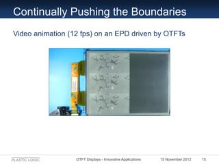 Continually Pushing the Boundaries
Video animation (12 fps) on an EPD driven by OTFTs




                  OTFT Displays ...