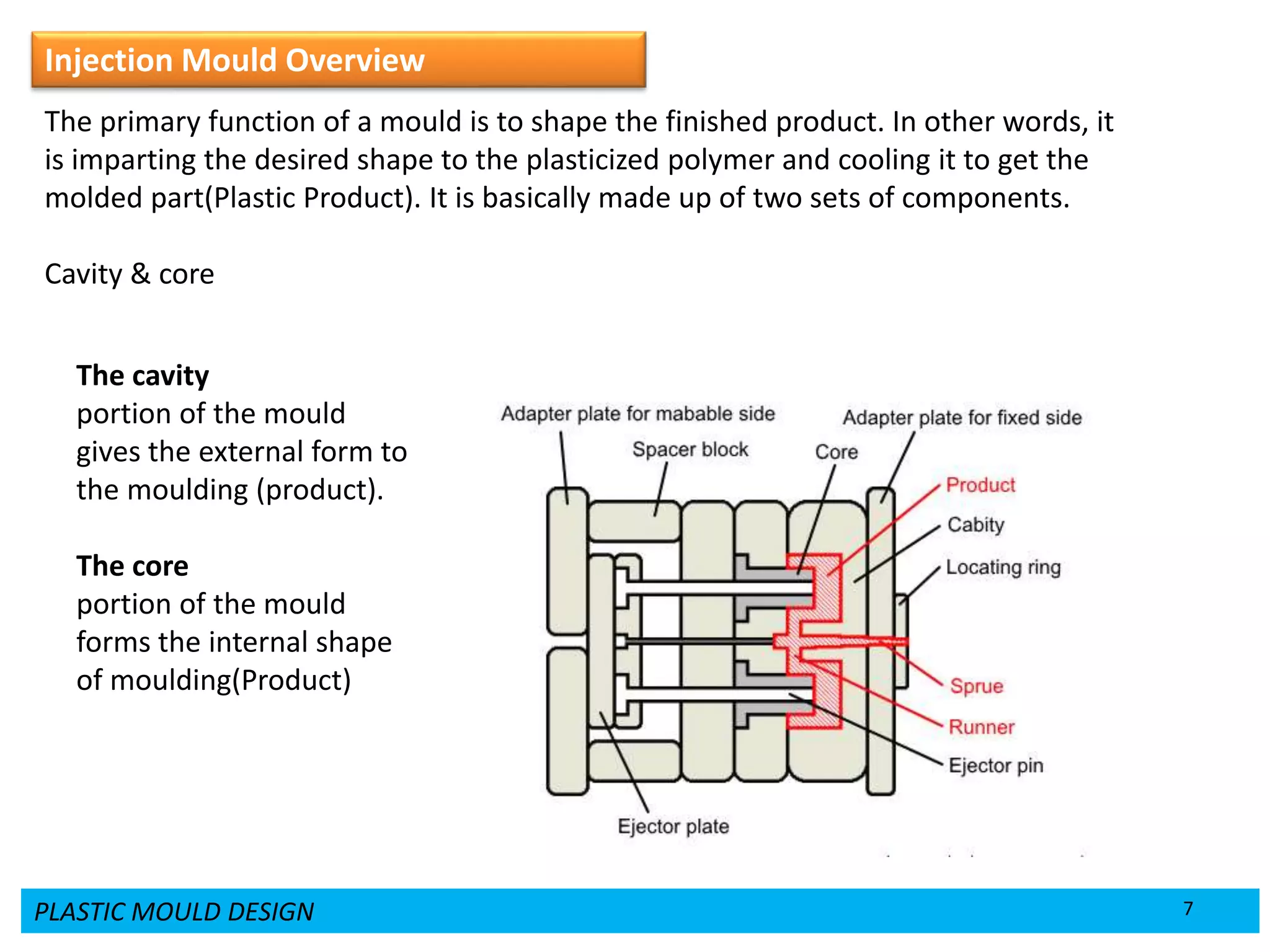 PLASTIC MOULD DESIGN 7
Injection Mould Overview
The primary function of a mould is to shape the finished product. In other words, it
is imparting the desired shape to the plasticized polymer and cooling it to get the
molded part(Plastic Product). It is basically made up of two sets of components.
Cavity & core
The cavity
portion of the mould
gives the external form to
the moulding (product).
The core
portion of the mould
forms the internal shape
of moulding(Product)
 