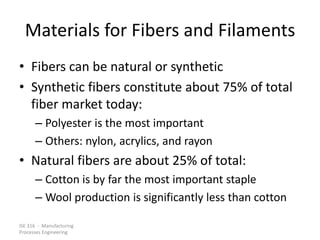 ISE 316 - Manufacturing
Processes Engineering
Materials for Fibers and Filaments
• Fibers can be natural or synthetic
• Synthetic fibers constitute about 75% of total
fiber market today:
– Polyester is the most important
– Others: nylon, acrylics, and rayon
• Natural fibers are about 25% of total:
– Cotton is by far the most important staple
– Wool production is significantly less than cotton
 