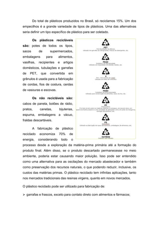Do total de plásticos produzidos no Brasil, só reciclamos 15%. Um dos
empecilhos é a grande variedade de tipos de plásticos. Uma das alternativas
seria definir um tipo específico de plástico para ser coletado.
Os plásticos recicláveis
são: potes de todos os tipos,
sacos de supermercados,
embalagens para alimentos,
vasilhas, recipientes e artigos
domésticos, tubulações e garrafas
de PET, que convertida em
grânulos é usada para a fabricação
de cordas, fios de costura, cerdas
de vasouras e escovas.
Os não recicláveis são:
cabos de panela, botões de rádio,
pratos, canetas, bijuterias,
espuma, embalagens a vácuo,
fraldas descartáveis.
A fabricação de plástico
reciclado economiza 70% de
energia, considerando todo o
processo desde a exploração da matéria-prima primária até a formação do
produto final. Além disso, se o produto descartado permanecesse no meio
ambiente, poderia estar causando maior poluição. Isso pode ser entendido
como uma alternativa para as oscilações do mercado abastecedor e também
como preservação dos recursos naturais, o que podendo reduzir, inclusive, os
custos das matérias primas. O plástico reciclado tem infinitas aplicações, tanto
nos mercados tradicionais das resinas virgens, quanto em novos mercados.
O plástico reciclado pode ser utilizado para fabricação de:
 garrafas e frascos, exceto para contato direto com alimentos e fármacos;
 
