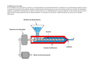 2) Moldeo por extrusión En el moldeo por extrusión se utiliza un transportador de tornillo helicoidal. El polímero es transportado desde la tolva, a través de la cámara de calenta­miento, hasta la boca de descarga, en una co­rriente continua. A partir de gránulos sólidos, el polímero emerge de la matriz de extrusión en un estado blando. Como la abertu­ra de la boca de la ma­triz tiene la forma del producto que se desea obtener, el proceso es continuo. Posteriormente se  corta en la medida adecuada. 