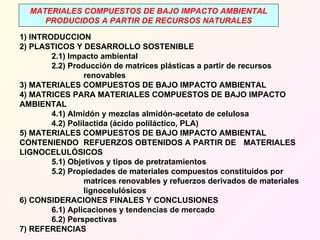 1) INTRODUCCION 2) PLASTICOS Y DESARROLLO SOSTENIBLE 2.1) Impacto ambiental 2.2) Producción de matrices plásticas a partir de recursos  renovables 3) MATERIALES COMPUESTOS DE BAJO IMPACTO AMBIENTAL 4) MATRICES PARA MATERIALES COMPUESTOS DE BAJO IMPACTO  AMBIENTAL 4.1) Almidón y mezclas almidón-acetato de celulosa 4.2) Polilactida (ácido poliláctico, PLA) 5) MATERIALES COMPUESTOS DE BAJO IMPACTO AMBIENTAL  CONTENIENDO  REFUERZOS OBTENIDOS A PARTIR DE  MATERIALES LIGNOCELULÓSICOS 5.1) Objetivos y tipos de pretratamientos 5.2) Propiedades de materiales compuestos constituidos por  matrices renovables y refuerzos derivados de materiales  lignocelulósicos 6) CONSIDERACIONES FINALES Y CONCLUSIONES 6.1) Aplicaciones y tendencias de mercado 6.2) Perspectivas 7) REFERENCIAS MATERIALES COMPUESTOS DE BAJO IMPACTO AMBIENTAL PRODUCIDOS A PARTIR DE RECURSOS NATURALES 