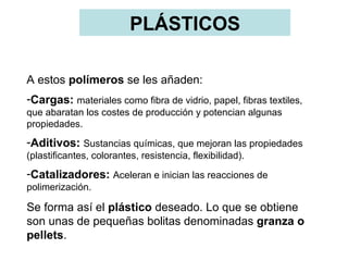 PLÁSTICOS

A estos polímeros se les añaden:
-Cargas: materiales como fibra de vidrio, papel, fibras textiles,
que abaratan los costes de producción y potencian algunas
propiedades.
-Aditivos: Sustancias químicas, que mejoran las propiedades
(plastificantes, colorantes, resistencia, flexibilidad).
-Catalizadores: Aceleran e inician las reacciones de
polimerización.

Se forma así el plástico deseado. Lo que se obtiene
son unas de pequeñas bolitas denominadas granza o
pellets.
 