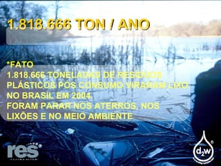 1.818.666 TON / ANO *FATO 1.818.666 TONELADAS DE RESÍDUOS PLÁSTICOS PÓS CONSUMO VIRARAM LIXO NO BRASIL EM 2004. FORAM PARAR NOS ATERROS, NOS LIXÕES E NO MEIO AMBIENTE 