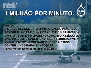 1 MILHÃO POR MINUTO. *FATO O MUNDO CONSOME 1 MILHÃO DE SACOS PLÁSTICOS POR MINUTO, O QUE SIGNIFICA QUASE 1,5 BILHÃO POR DIA E MAIS DE 500 BILHÕES POR ANO. É O RESÍDUO QUE MAIS POLUI AS CIDADES, CAMPOS. PREJUDICA A VIDA ANIMAL, ENTOPE A DRENAGEM URBANA E RIOS, CONTRIBUINDO PARA INUNDAÇÕES.  Fonte revista New Scientist 11/09/2004 
