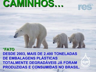 CAMINHOS… * FATO DESDE 2003, MAIS DE 2.400 TONELADAS DE EMBALAGENS PLÁSTICAS TOTALMENTE DEGRADÁVEIS JÁ FORAM PRODUZIDAS E CONSUMIDAS NO BRASIL. 