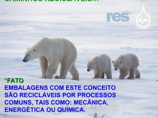 CAMINHOS RECICLÁVEIS… * FATO EMBALAGENS COM ESTE CONCEITO SÃO RECICLÁVEIS POR PROCESSOS COMUNS, TAIS COMO: MECÂNICA, ENERGÉTICA OU QUÍMICA. 