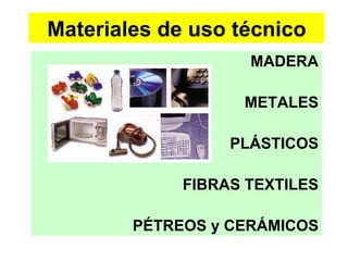 Materiales de uso técnico MADERA METALES PLÁSTICOS FIBRAS TEXTILES PÉTREOS y CERÁMICOS 