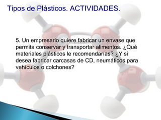 Tipos de Plásticos. ACTIVIDADES.



  5. Un empresario quiere fabricar un envase que
  permita conservar y transportar alimentos. ¿Qué
  materiales plásticos le recomendarías? ¿Y si
  desea fabricar carcasas de CD, neumáticos para
  vehículos o colchones?
 