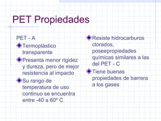 PET Propiedades
PET - A                     Resiste hidrocarburos
  Termoplástico             clorados,
  transparente              poseepropiedades
                            químicas similares a las
  Presenta menor rigidez
                            del PET - C
  y dureza, pero de mejor
  resistencia al impacto    Tiene buenas
                            propiedades de barrera
  Su rango de
                            a los gases
  temperatura de uso
  continuo se encuentra
  entre -40 a 60º C
 