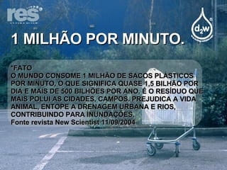 1 MILHÃO POR MINUTO. *FATO O MUNDO CONSOME 1 MILHÃO DE SACOS PLÁSTICOS POR MINUTO, O QUE SIGNIFICA QUASE 1,5 BILHÃO POR DIA E MAIS DE 500 BILHÕES POR ANO. É O RESÍDUO QUE MAIS POLUI AS CIDADES, CAMPOS. PREJUDICA A VIDA ANIMAL, ENTOPE A DRENAGEM URBANA E RIOS, CONTRIBUINDO PARA INUNDAÇÕES.  Fonte revista New Scientist 11/09/2004 