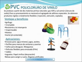 PVC  POLICLORURO DE VINILO Ventajas y beneficios Ignífugo Irrompible Resistente a la intemperie Impermeable Atoxico Inerte (al contenido) Aplicaciones: Envases para: agua mineral, jugos, aceites. Perfiles para marcos de ventanas y puertas Caños para desagues. Mangueras Películas flexibles para envasado (Film) Cables Juguetes. Papel vinílico (decoración) Bolsas para sangre y suero. Órganos artificiales Se produce a partir de dos materias primas naturales: gas 43% y sal común (cloruro de sodio).Para su procesamiento es necesario el agregado de aditivos especiales. Se obtienen productos rígidos o totalmente flexibles ( inyección, extrusión, soplado). CLASIFICACIÓN INTERNACIONAL DE LOS PLÁSTICOS 