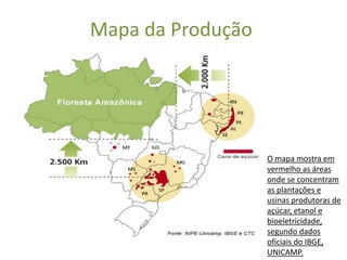 Mapa da Produção




                   O mapa mostra em
                   vermelho as áreas
                   onde se concentram
                   as plantações e
                   usinas produtoras de
                   açúcar, etanol e
                   bioeletricidade,
                   segundo dados
                   oficiais do IBGE,
                   UNICAMP.
 