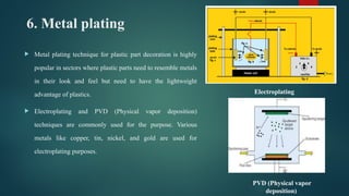 6. Metal plating
 Metal plating technique for plastic part decoration is highly
popular in sectors where plastic parts need to resemble metals
in their look and feel but need to have the lightweight
advantage of plastics.
 Electroplating and PVD (Physical vapor deposition)
techniques are commonly used for the purpose. Various
metals like copper, tin, nickel, and gold are used for
electroplating purposes.
Electroplating
PVD (Physical vapor
deposition)
 