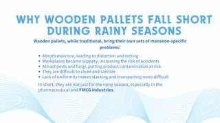 WHY WOODEN PALLETS FALL SHORT
DURING RAINY SEASONS
Wooden pallets, while traditional, bring their own sets of monsoon-specific
problems:
Absorb moisture, leading to distortion and rotting
Workplaces become slippery, increasing the risk of accidents
Attract pests and fungi, putting product contamination at risk
They are difficult to clean and sanitize
Lack of uniformity makes stacking and transporting more difficult
In short, they are not just for the rainy season, especially in the
pharmaceutical and FMCG industries.
 
