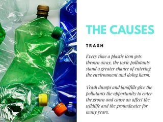 Every time a plastic item gets
thrown away, the toxic pollutants
stand a greater chance of entering
the environment and doing harm.
Trash dumps and landfills give the
pollutants the opportunity to enter
the grown and cause an affect the
wildlife and the groundwater for
many years.
T R A S H
THE CAUSES
 