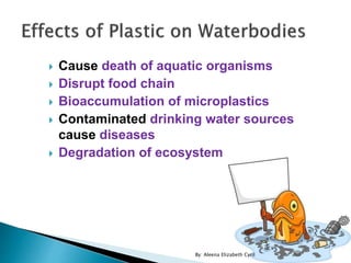  Cause death of aquatic organisms
 Disrupt food chain
 Bioaccumulation of microplastics
 Contaminated drinking water sources
cause diseases
 Degradation of ecosystem
By: Aleena Elizabeth Cyril
 