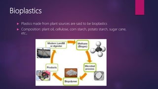 Bioplastics
 Plastics made from plant sources are said to be bioplastics
 Composition: plant oil, cellulose, corn starch, potato starch, sugar cane,
etc.,
 
