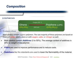 Oxygen,200 °C 
Composition 
Ethene Polythene (LDPE) 
(CH2=CH2) 2000 atm ([-CH2-CH2-]n) 
Most plastics contain organic polymers. The vast majority of these polymers are based on 
chains of carbon atoms alone or with oxygen, sulfur, or nitrogen as well. 
 Most plastics contain Additives (0 to 50%). The average content of additives is 20% 
by weight of the polymer. 
 Fillers are used to improve performance and to reduce costs. 
 Stabilizers like fire retardants are used to lower the flammability of the material. 
EEES Presentation │Topic- Plastic Pollution & Management│ CS-1 | Ankit Mishra | Arun Choudhary 
 