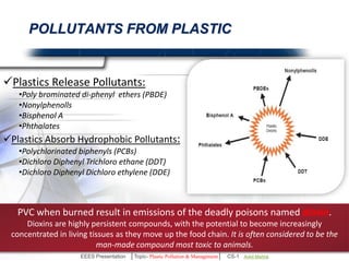 POLLUTANTS FROM PLASTIC 
Plastics Release Pollutants: 
•Poly brominated di-phenyl ethers (PBDE) 
•Nonylphenolls 
•Bisphenol A 
•Phthalates 
Plastics Absorb Hydrophobic Pollutants: 
•Polychlorinated biphenyls (PCBs) 
•Dichloro Diphenyl Trichloro ethane (DDT) 
•Dichloro Diphenyl Dichloro ethylene (DDE) 
PVC when burned result in emissions of the deadly poisons named dioxin. 
Dioxins are highly persistent compounds, with the potential to become increasingly 
concentrated in living tissues as they move up the food chain. It is often considered to be the 
man-made compound most toxic to animals. 
EEES Presentation │Topic- Plastic Pollution & Management│ CS-1 | Ankit Mishra | Arun Choudhary 
 